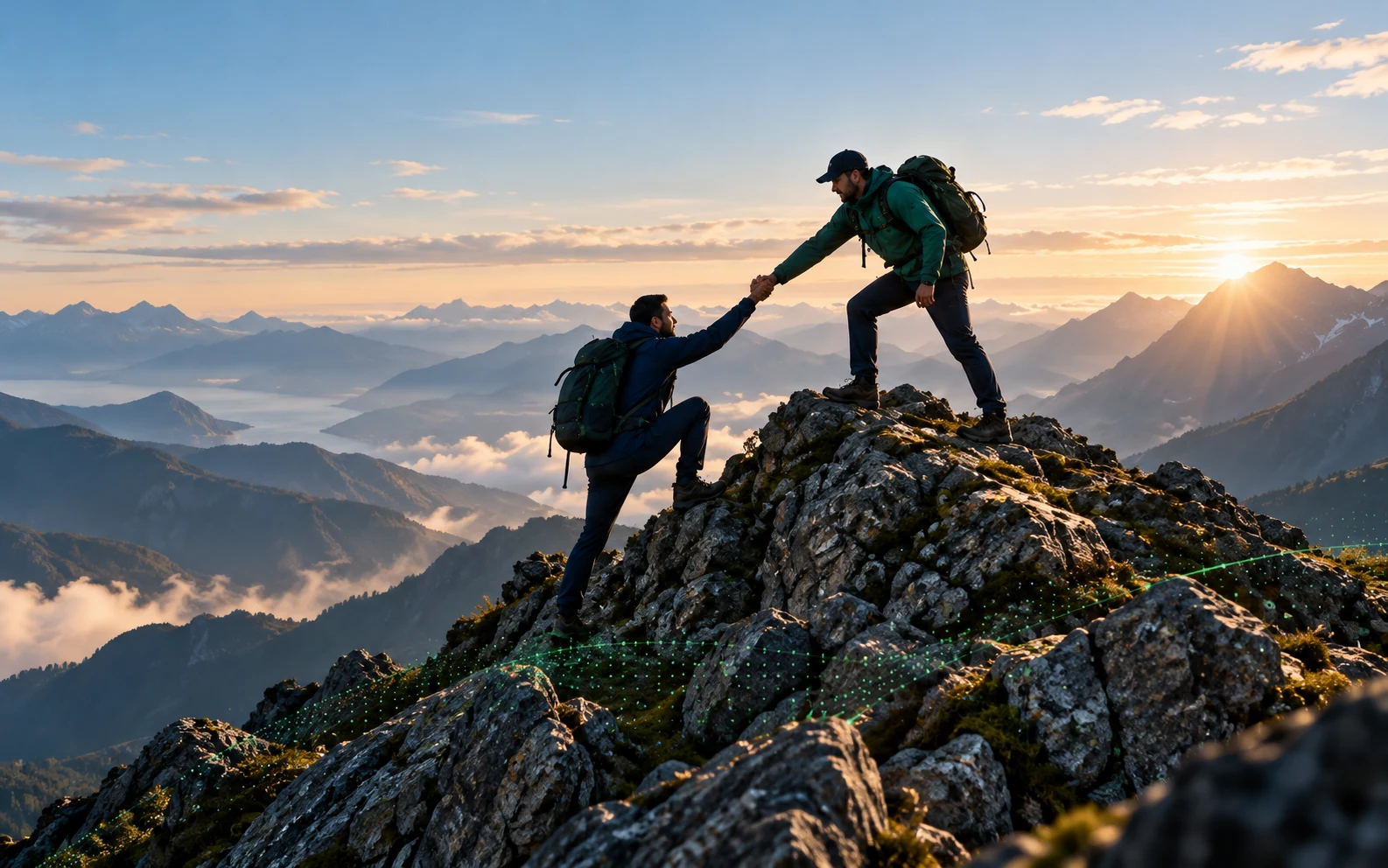 A climber reaches back to help a partner reach the summit, connecting technology, guidance and growth.