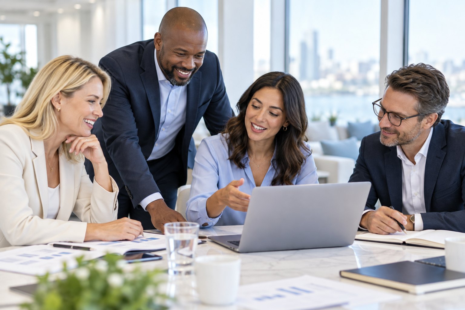 Professionals collaborating around a laptop in a bright office